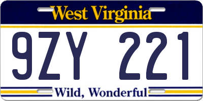 WV license plate 9ZY221
