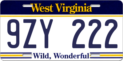 WV license plate 9ZY222