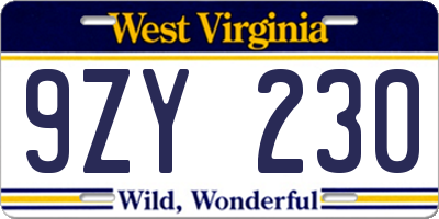 WV license plate 9ZY230