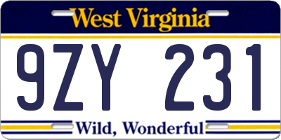 WV license plate 9ZY231