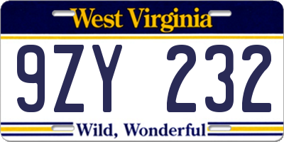 WV license plate 9ZY232