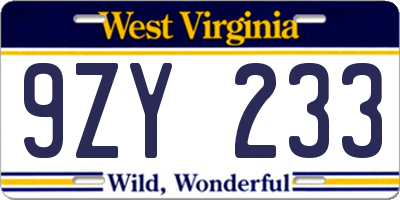 WV license plate 9ZY233