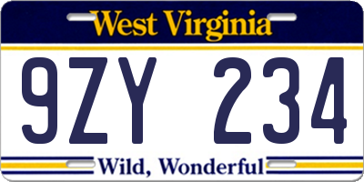 WV license plate 9ZY234
