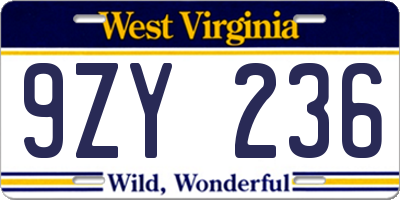 WV license plate 9ZY236