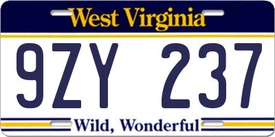 WV license plate 9ZY237