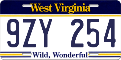 WV license plate 9ZY254