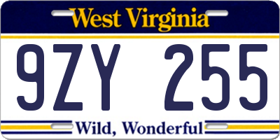WV license plate 9ZY255