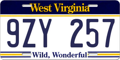 WV license plate 9ZY257