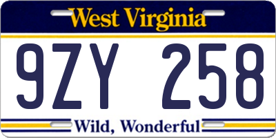 WV license plate 9ZY258