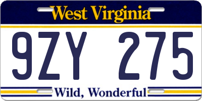 WV license plate 9ZY275