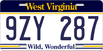 WV license plate 9ZY287