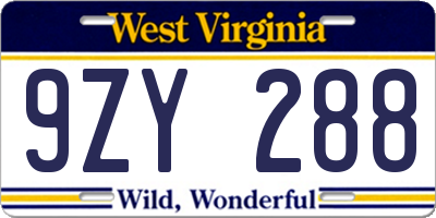 WV license plate 9ZY288