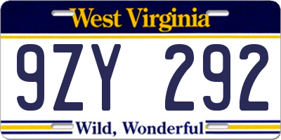 WV license plate 9ZY292