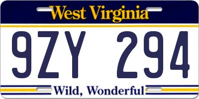 WV license plate 9ZY294