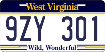 WV license plate 9ZY301
