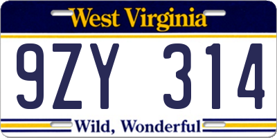 WV license plate 9ZY314
