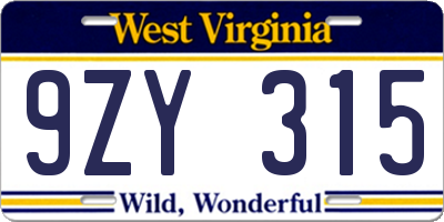 WV license plate 9ZY315