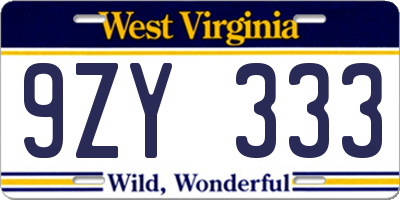 WV license plate 9ZY333