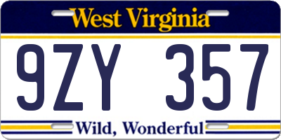 WV license plate 9ZY357