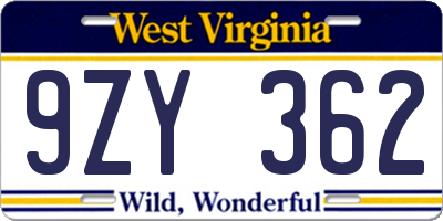 WV license plate 9ZY362