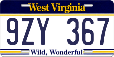 WV license plate 9ZY367