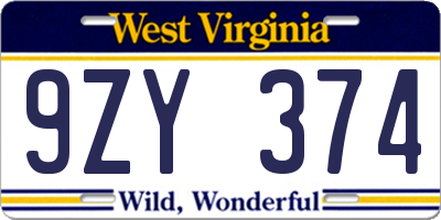WV license plate 9ZY374