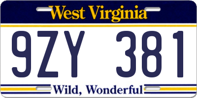 WV license plate 9ZY381