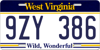 WV license plate 9ZY386