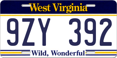 WV license plate 9ZY392