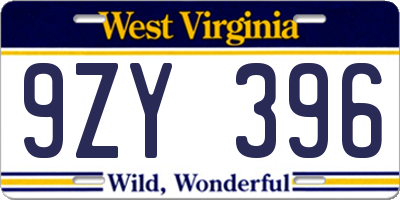 WV license plate 9ZY396