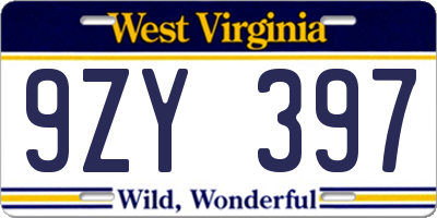 WV license plate 9ZY397
