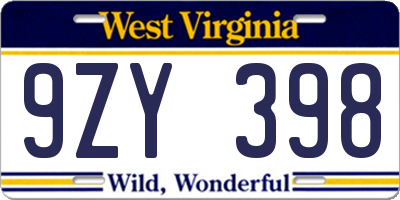 WV license plate 9ZY398
