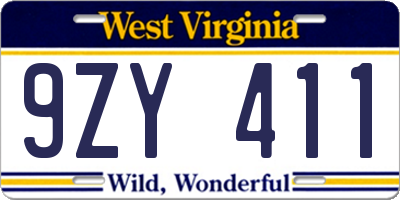 WV license plate 9ZY411