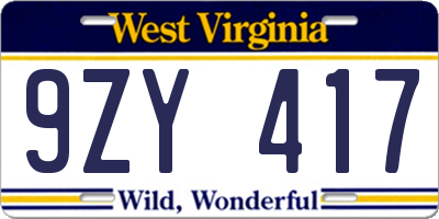 WV license plate 9ZY417