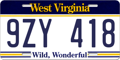 WV license plate 9ZY418