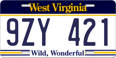WV license plate 9ZY421