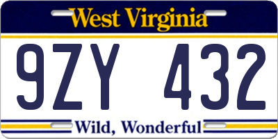 WV license plate 9ZY432