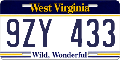 WV license plate 9ZY433