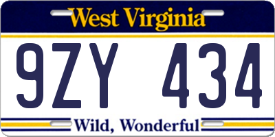 WV license plate 9ZY434
