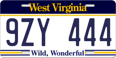 WV license plate 9ZY444
