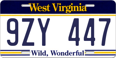 WV license plate 9ZY447