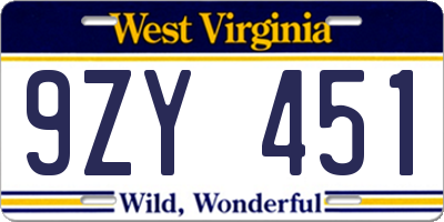 WV license plate 9ZY451