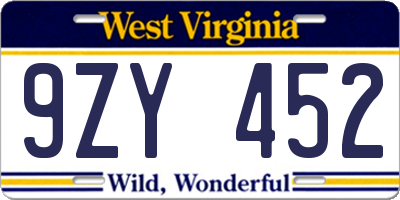 WV license plate 9ZY452
