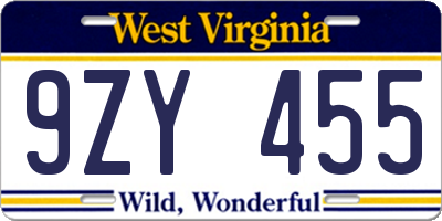 WV license plate 9ZY455