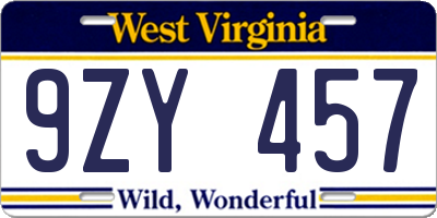 WV license plate 9ZY457