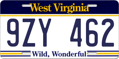 WV license plate 9ZY462