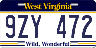 WV license plate 9ZY472