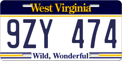 WV license plate 9ZY474