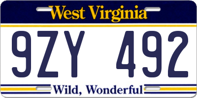 WV license plate 9ZY492