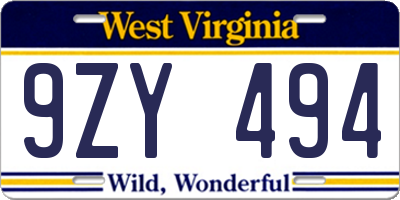 WV license plate 9ZY494